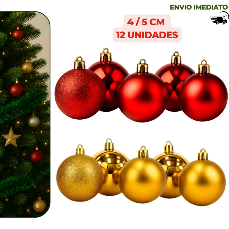 Kit 12 Bolas Natalinas 4cm/5cm Mistas – Fosca, Metálica e Glitter (Vermelho e Dourado)