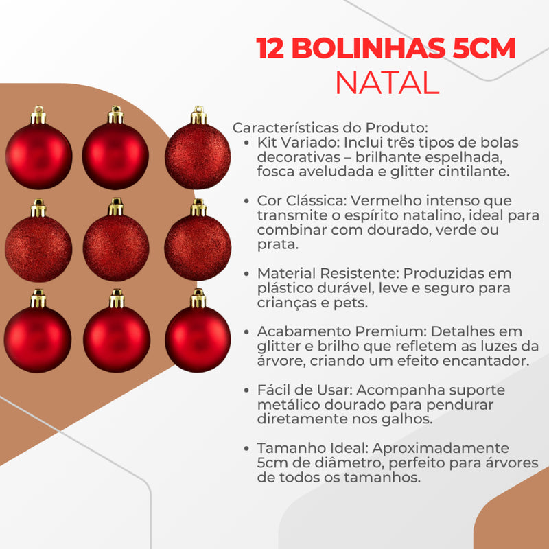 Kit 12 Bolas Natalinas 4cm/5cm Mistas – Fosca, Metálica e Glitter (Vermelho e Dourado)