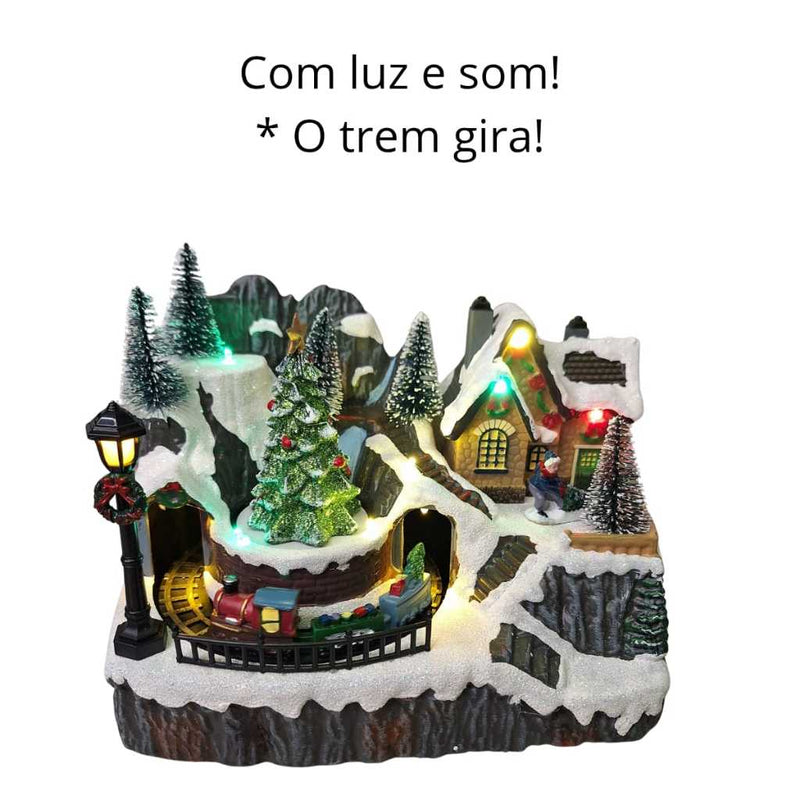 Vila Natalina com Luz e Som e Trenzinho Giratório – 19x22 cm (Pilhas ou Energia)