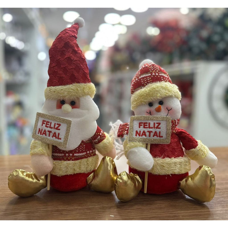 Enfeite Natalino Papai Noel e Boneco de Neve Sentados com Placa Feliz Natal
