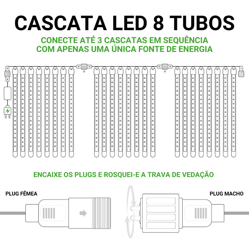 Kit 2 Cascatas LED Chuva de Meteoro 8 Tubos (IP65, Bivolt, Conectável)