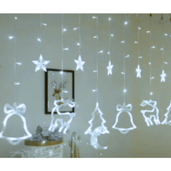 Cortina de Luz LED Natalina 138 LEDs – Renas, Estrelas e Árvores (Branco Quente)