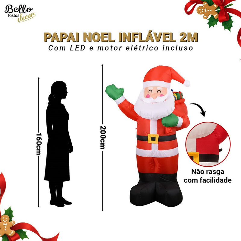 Papai Noel Inflável Gigante 2m Iluminado com LED Interno Bivolt