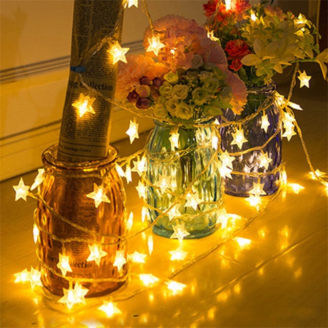 Cordão de Estrelas LED 4m (20 LEDs) — Branco Quente ou Colorido