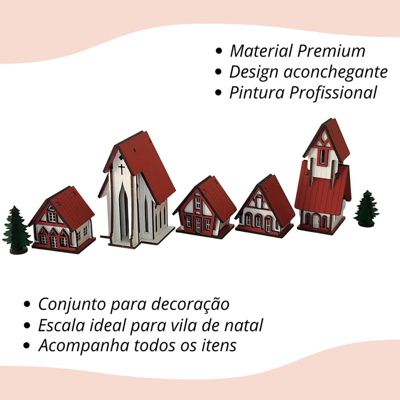 Vila Natalina com Igrejinha e Casinhas – Kit 5 Peças em MDF Premium