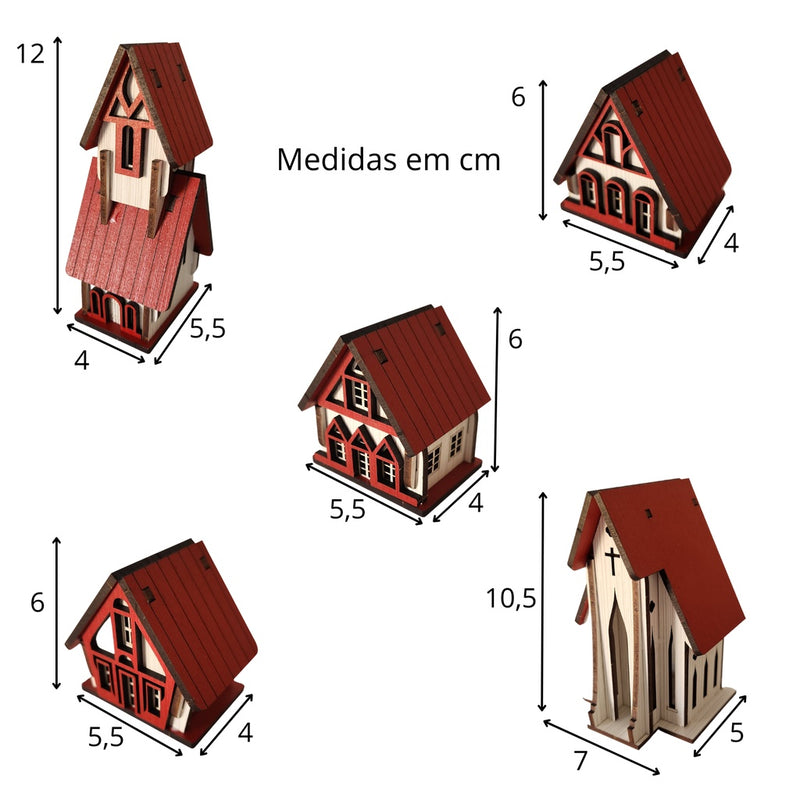 Vila Natalina com Igrejinha e Casinhas – Kit 5 Peças em MDF Premium