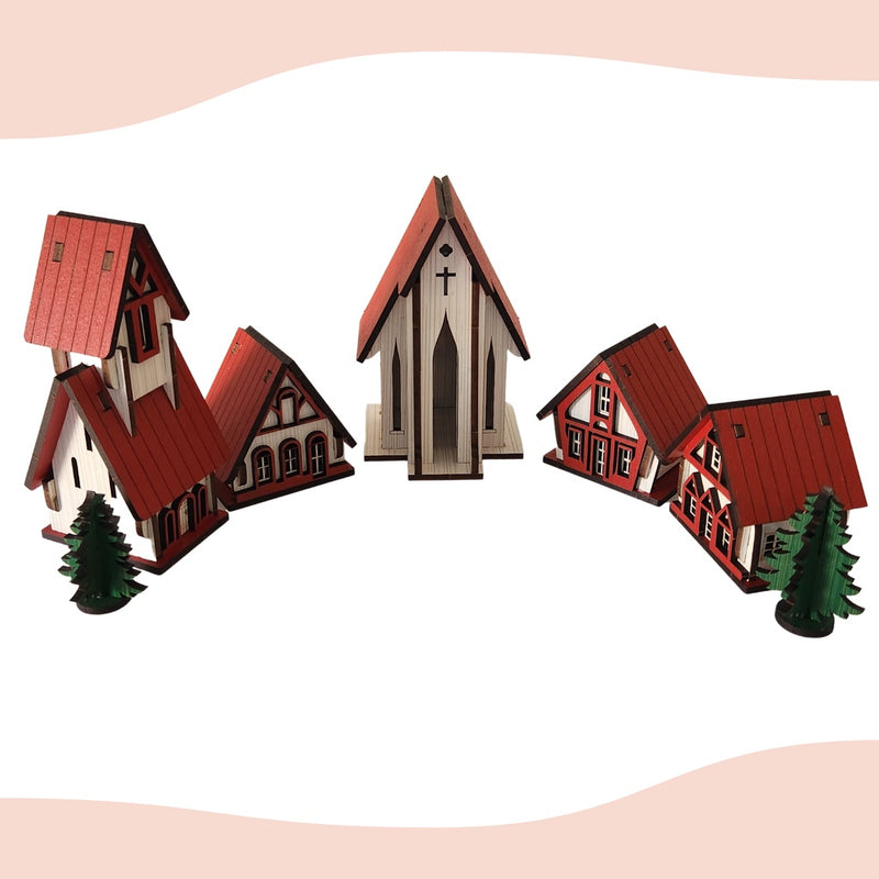 Vila Natalina com Igrejinha e Casinhas – Kit 5 Peças em MDF Premium