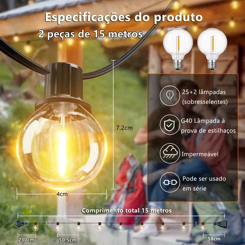 Varal de Luzes LED G40 15m (Kit 2 Cordões) 25x2 Lâmpadas 2700K IP65 E12 110V