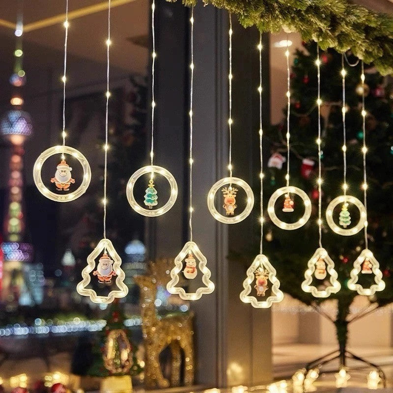 Cortina Cascata LED Natal 110V – Estrelas, Lua, Papai Noel e Neve Pisca-Pisca