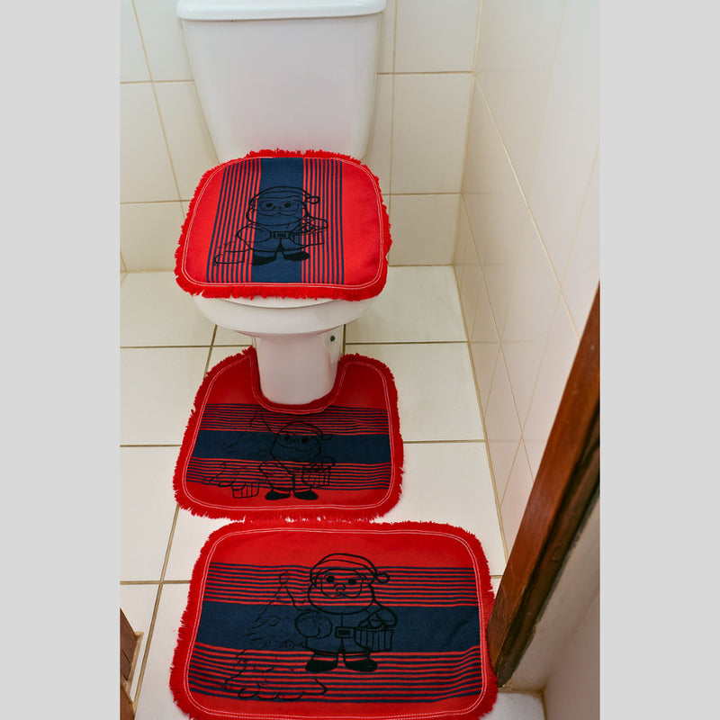 Kit 3 Peças Tapete para Banheiro Natalino Papai Noel Vermelho