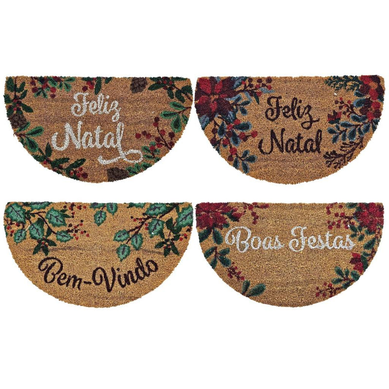 Capacho de Natal Meia Lua em Fibra de Coco 33x60 cm Antiderrapante