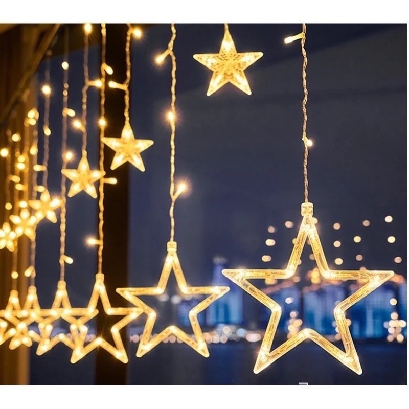 Cortina Cascata LED Natal 110V – Estrelas, Lua, Papai Noel e Neve Pisca-Pisca