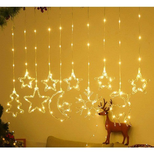 Cortina Cascata LED Natal 110V – Estrelas, Lua, Papai Noel e Neve Pisca-Pisca